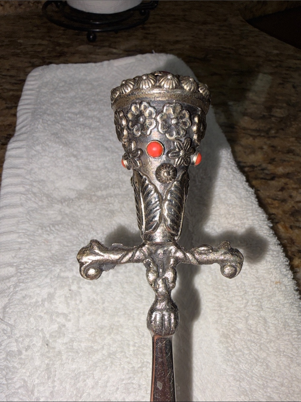 Vintage Dagger Letter Opener/Sword Silver Tone Coral Cabochons Medieval Ornate